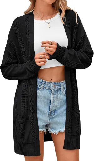 PRETTYGARDEN Women's Fall Loose Open Front Cardigan Long Sleeve Cable Knit Sweaters Lightweight Outwear with Pockets