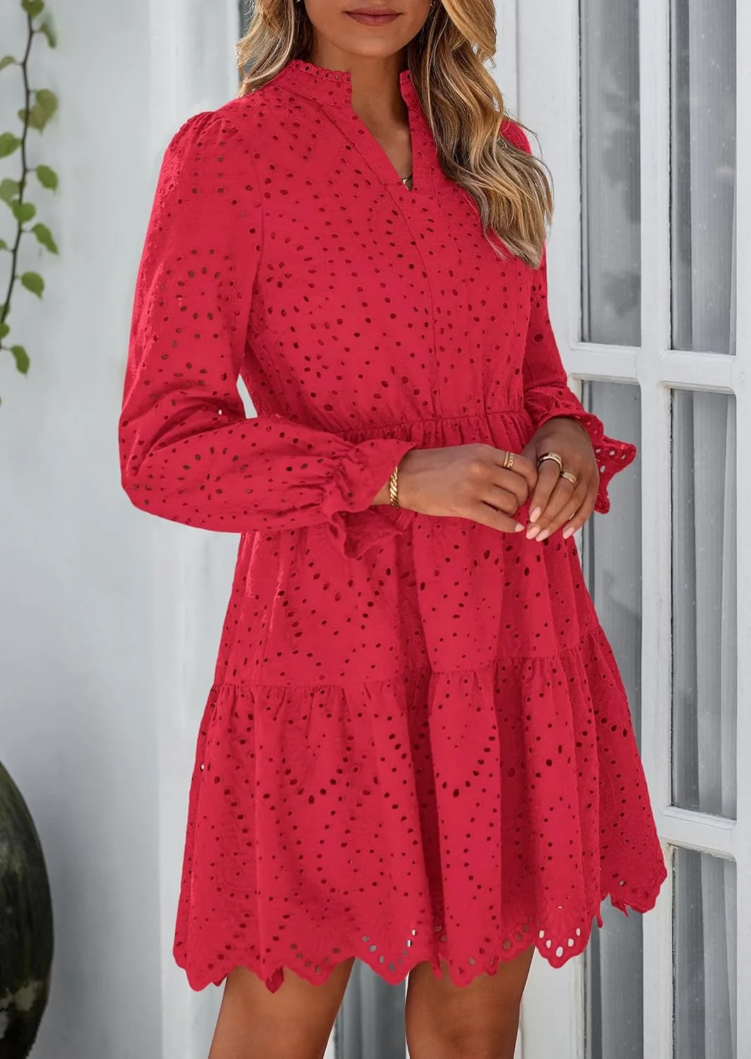 PRETTYGARDEN Women's Spring 2025 Long Puff Sleeve Mini Dress Hollow Out Lace V Neck A Line Ruffle Casual Party Dresses