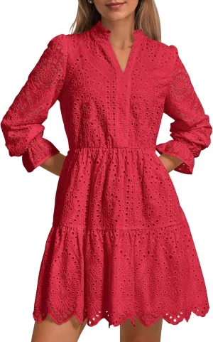 PRETTYGARDEN Women's Spring 2025 Long Puff Sleeve Mini Dress Hollow Out Lace V Neck A Line Ruffle Casual Party Dresses