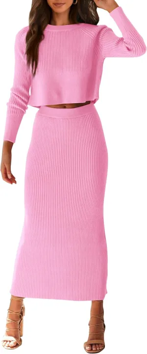 PRETTYGARDEN Women's Spring Fall 2 Piece Sweater Set Rib Knit Long Sleeve Crop Top Maxi Bodycon Skirt Casual Winter Outfits