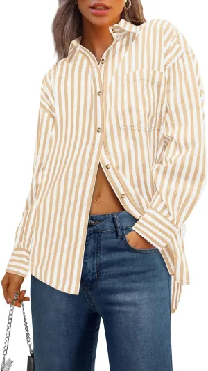 PRETTYGARDEN Womens Striped Button Down Shirt Spring 2025 Oversized Collared Long Sleeve Office Work Blouses Tops