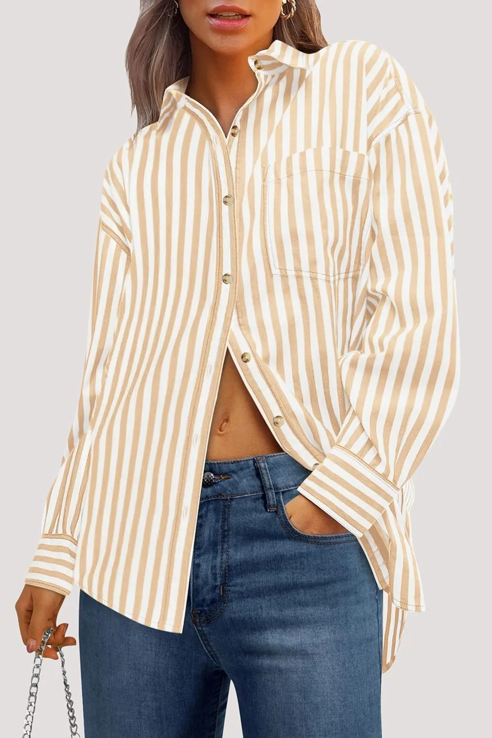 PRETTYGARDEN Womens Striped Button Down Shirt Spring 2025 Oversized Collared Long Sleeve Office Work Blouses Tops