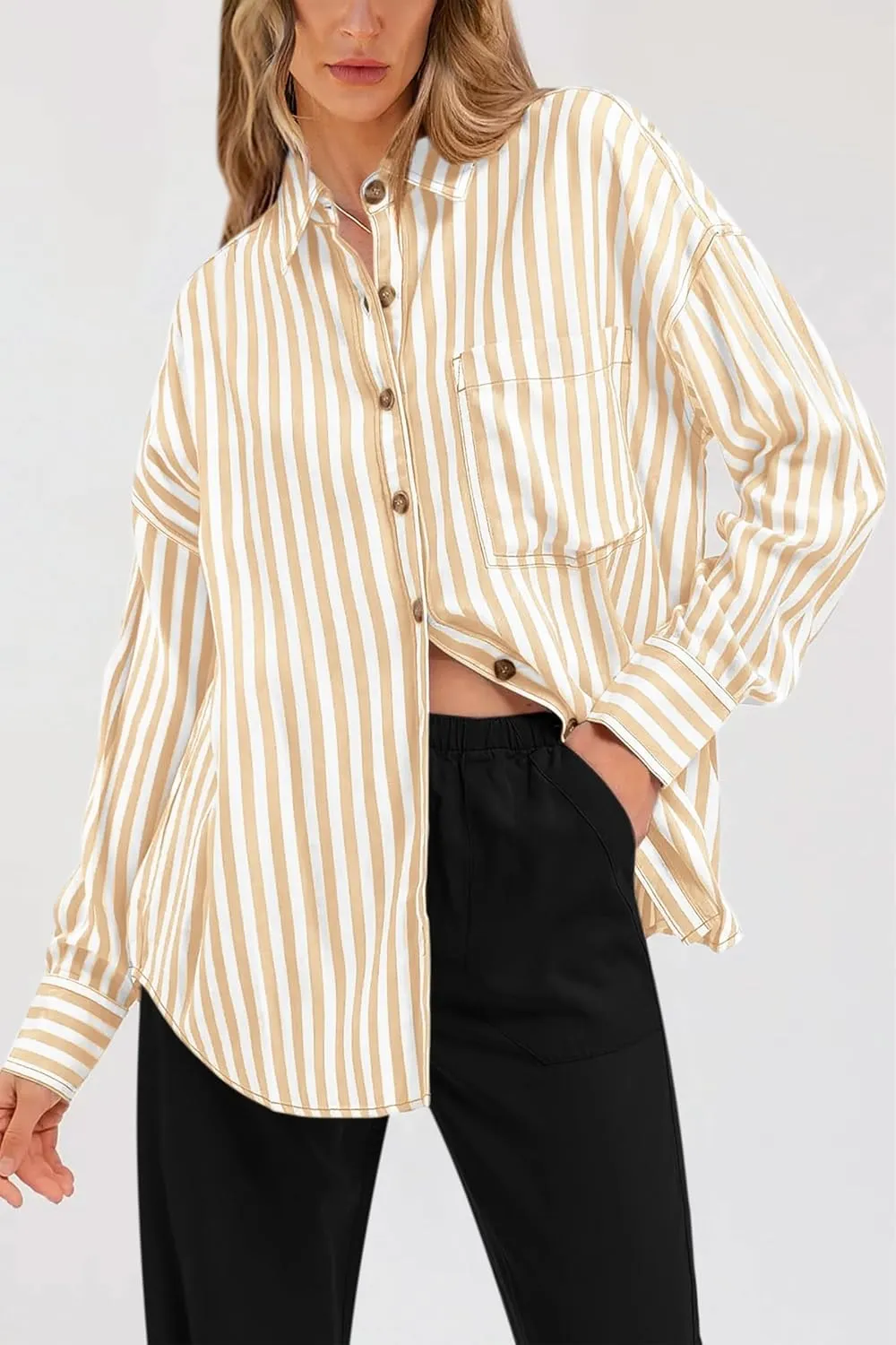 PRETTYGARDEN Womens Striped Button Down Shirt Spring 2025 Oversized Collared Long Sleeve Office Work Blouses Tops