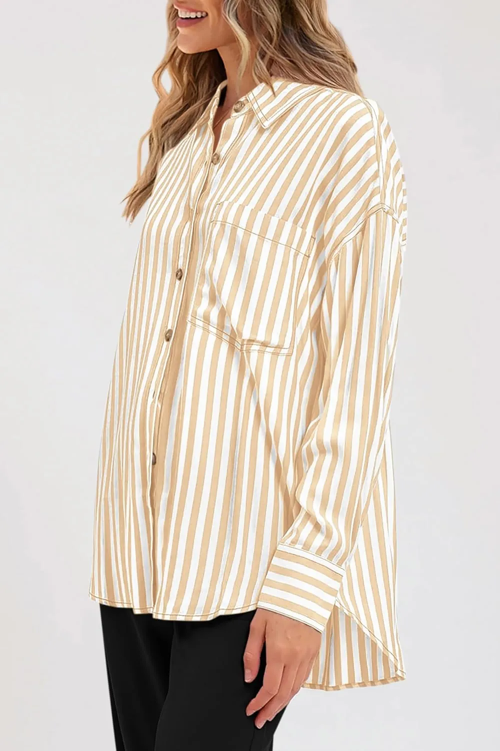 PRETTYGARDEN Womens Striped Button Down Shirt Spring 2025 Oversized Collared Long Sleeve Office Work Blouses Tops