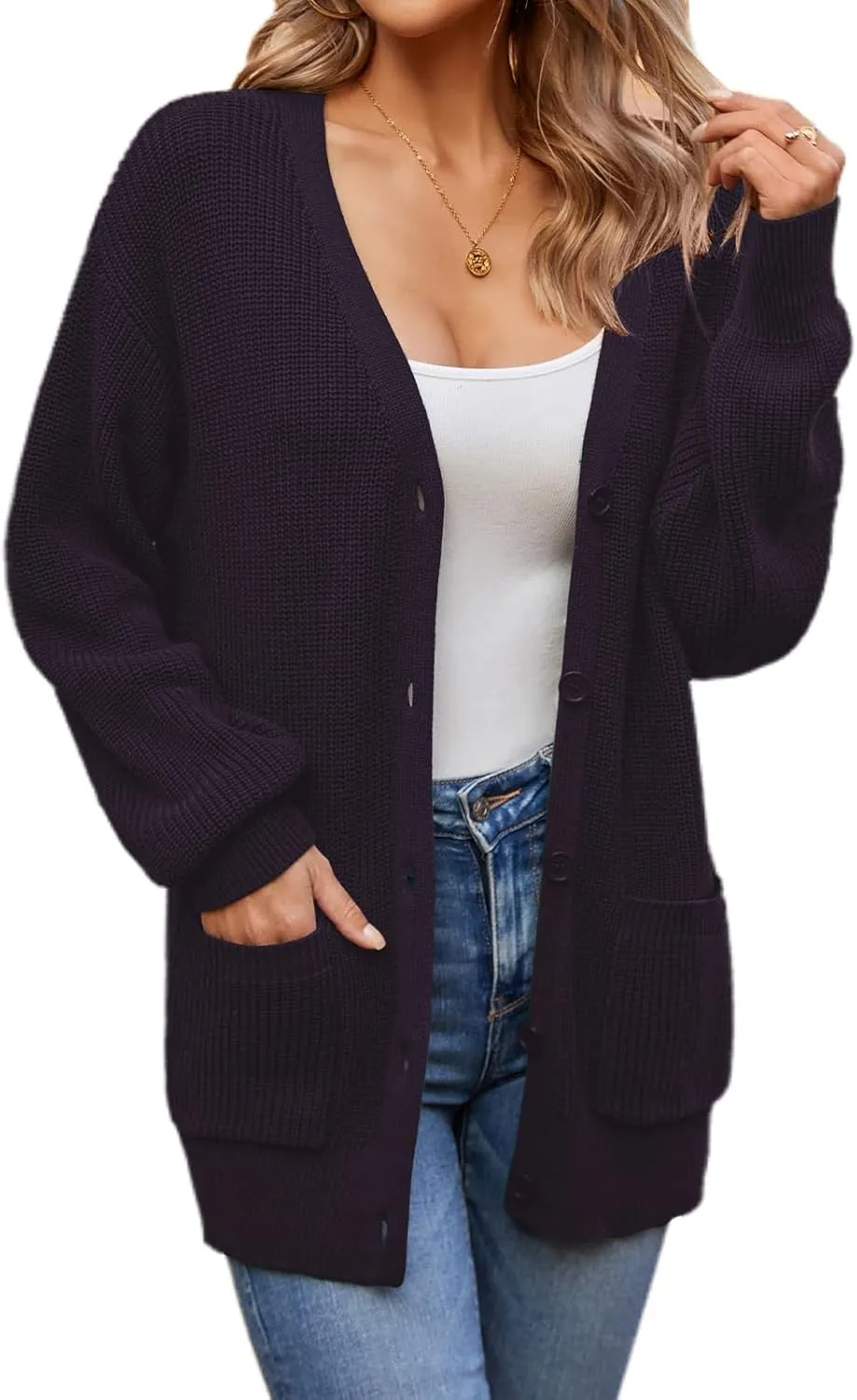 QUALFORT Women's 100% Cotton Cardigans for Women Lantern Sleeve Oversized Sweater with Pockets