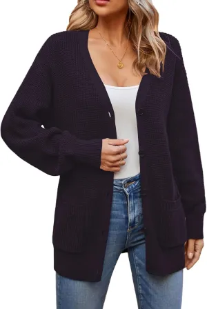 QUALFORT Women's 100% Cotton Cardigans for Women Lantern Sleeve Oversized Sweater with Pockets