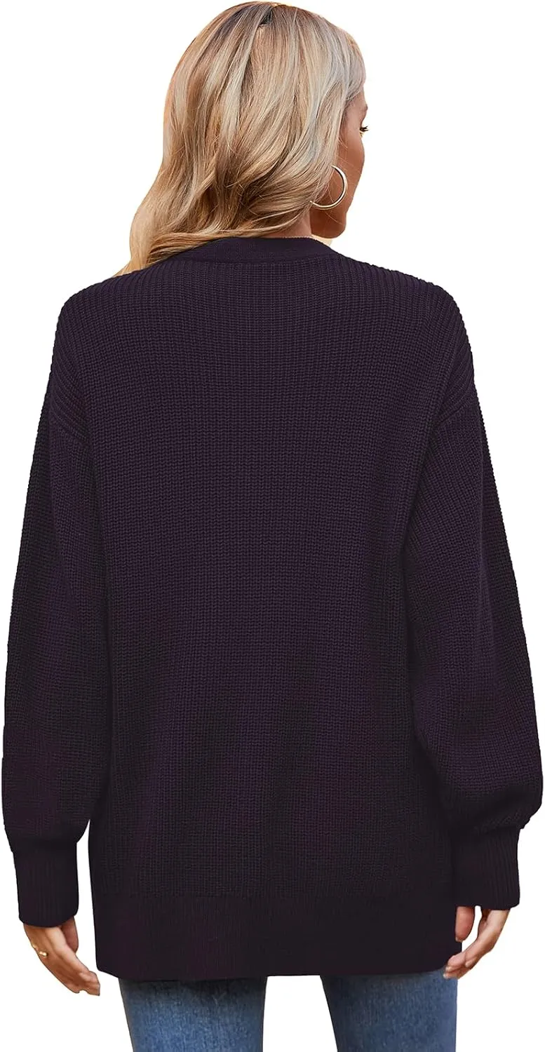 QUALFORT Women's 100% Cotton Cardigans for Women Lantern Sleeve Oversized Sweater with Pockets