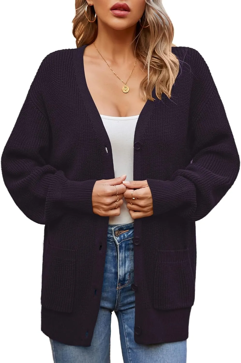 QUALFORT Women's 100% Cotton Cardigans for Women Lantern Sleeve Oversized Sweater with Pockets