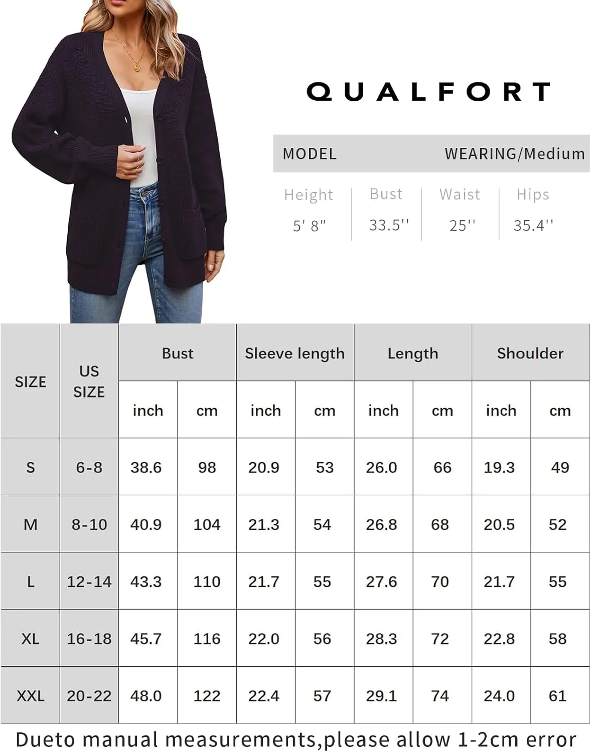 QUALFORT Women's 100% Cotton Cardigans for Women Lantern Sleeve Oversized Sweater with Pockets