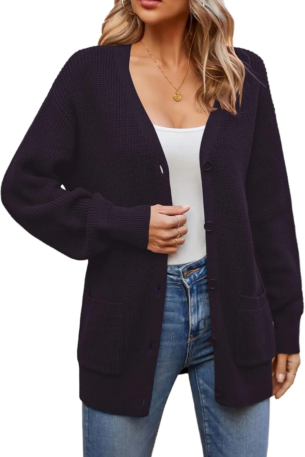 QUALFORT Women's 100% Cotton Cardigans for Women Lantern Sleeve Oversized Sweater with Pockets