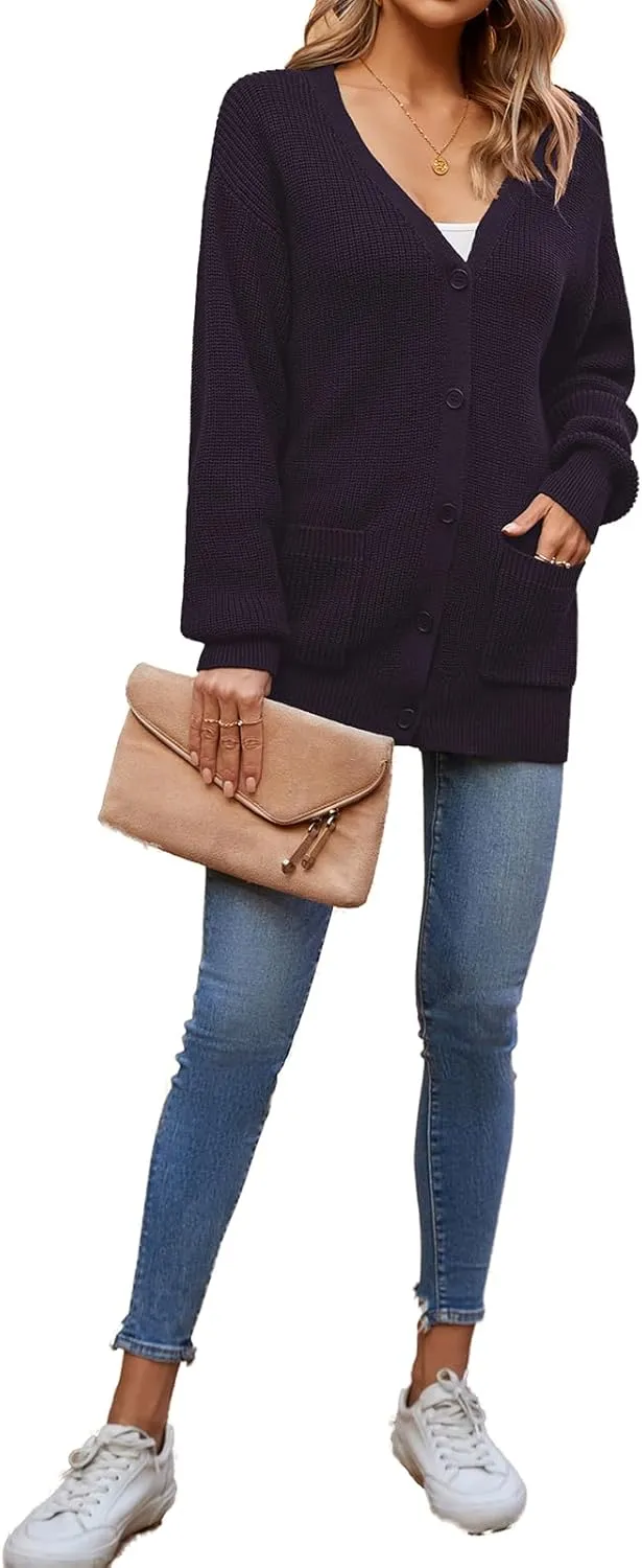 QUALFORT Women's 100% Cotton Cardigans for Women Lantern Sleeve Oversized Sweater with Pockets