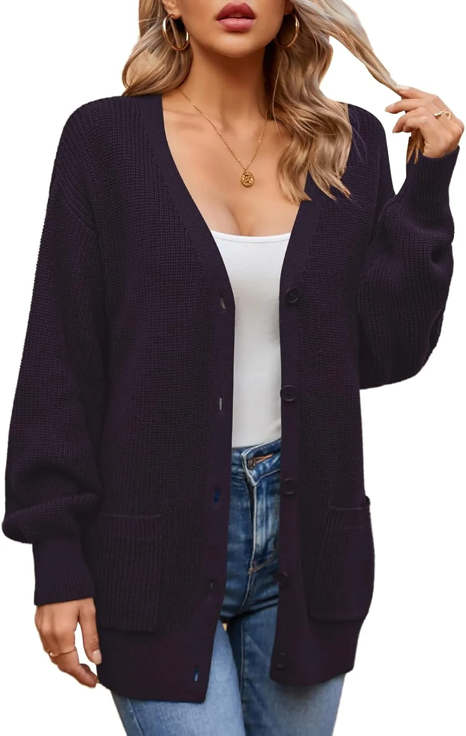 QUALFORT Women's 100% Cotton Cardigans for Women Lantern Sleeve Oversized Sweater with Pockets