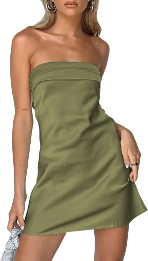 Realtix Womens Satin Silk Backless Strapless Mini Dress Sexy Low Back Tube Club Party Dress for Women