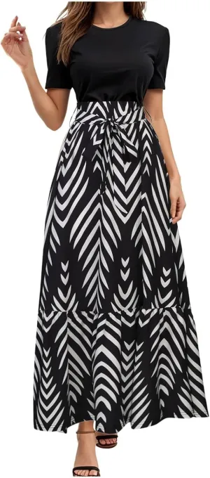 Rvidbe Summer Dresses for Women 2025 Floral Print Wrap Short Sleeve Maxi Dress Casual Patchwork Ruffle Hem A Line Sundress
