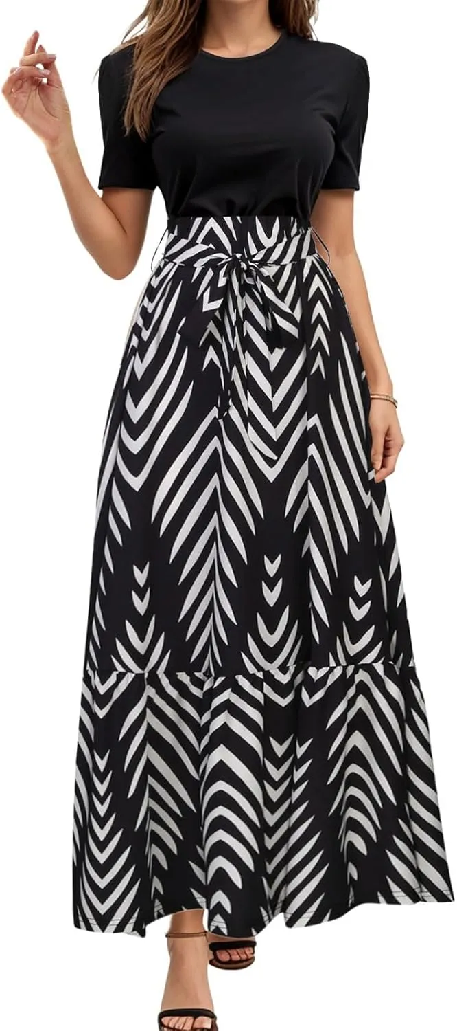 Rvidbe Summer Dresses for Women 2025 Floral Print Wrap Short Sleeve Maxi Dress Casual Patchwork Ruffle Hem A Line Sundress