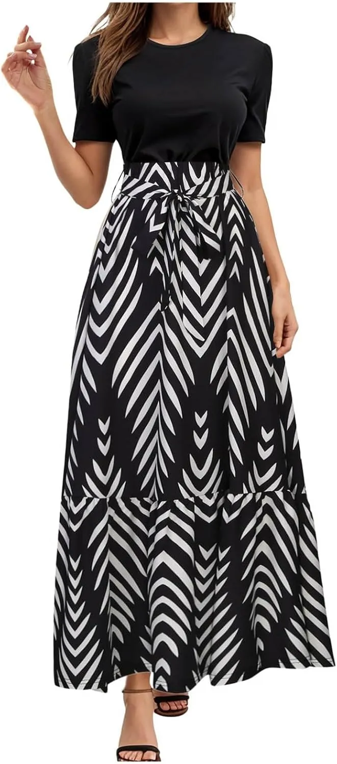 Rvidbe Summer Dresses for Women 2025 Floral Print Wrap Short Sleeve Maxi Dress Casual Patchwork Ruffle Hem A Line Sundress