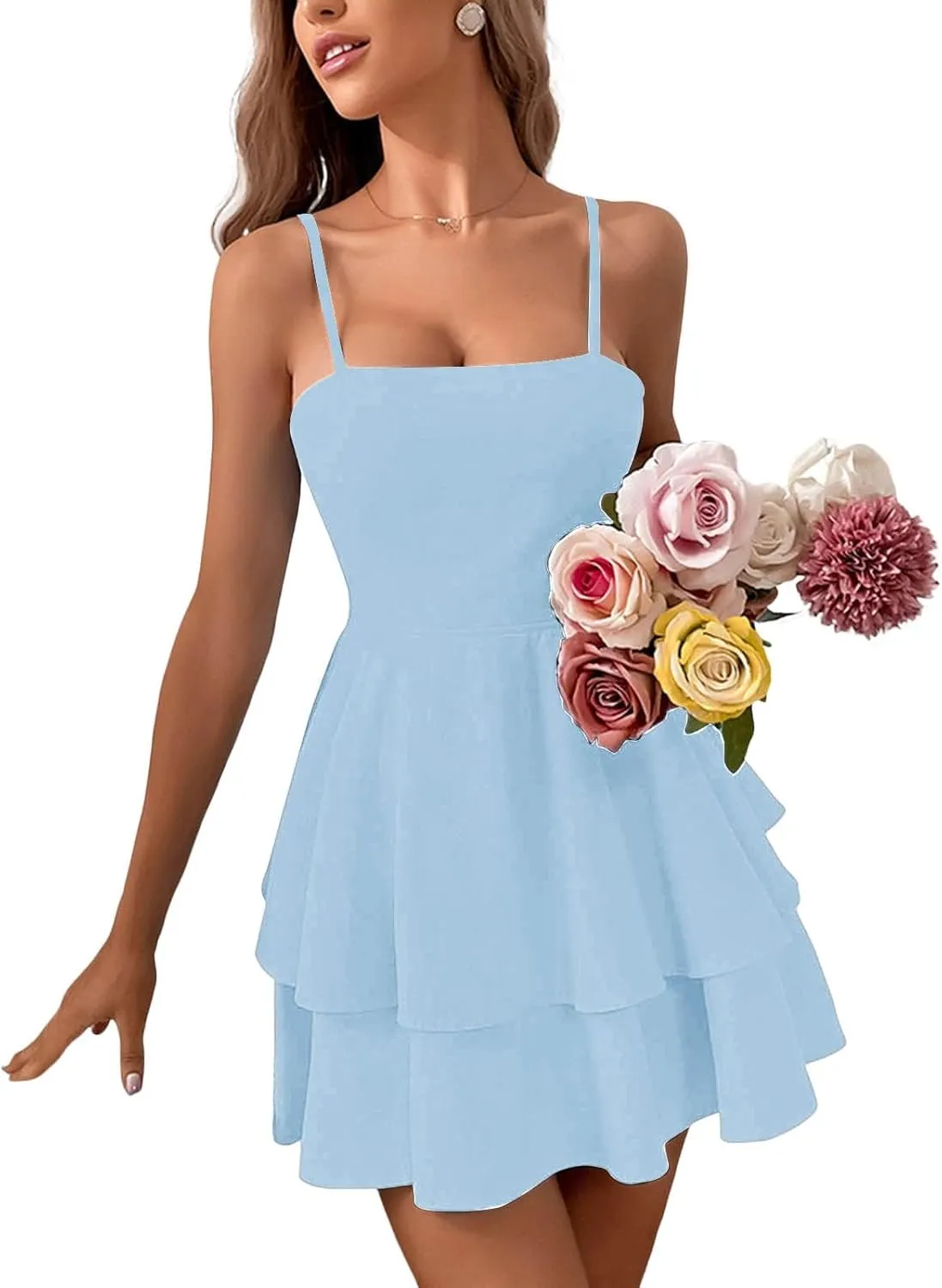 Rvidbe Women's Backless Bow Tie Short Dress 2025 Summer Casual Spaghetti Strap Tiered Ruffle Mini Dresses Party Club Outfit