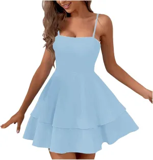Rvidbe Women's Backless Bow Tie Short Dress 2025 Summer Casual Spaghetti Strap Tiered Ruffle Mini Dresses Party Club Outfit