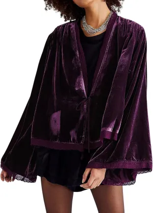 R.Vivimos Women's Fall Velvet Casual Jackets Bell Long Sleeve Tie Front Lace Trim Loose Vintage Kimono Cardigan Short Coat