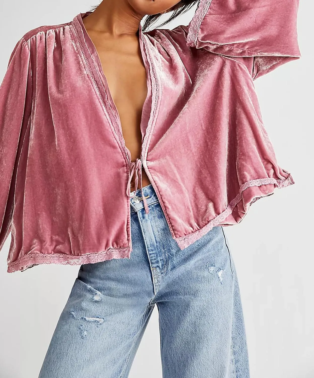 R.Vivimos Women's Fall Velvet Casual Jackets Bell Long Sleeve Tie Front Lace Trim Loose Vintage Kimono Cardigan Short Coat