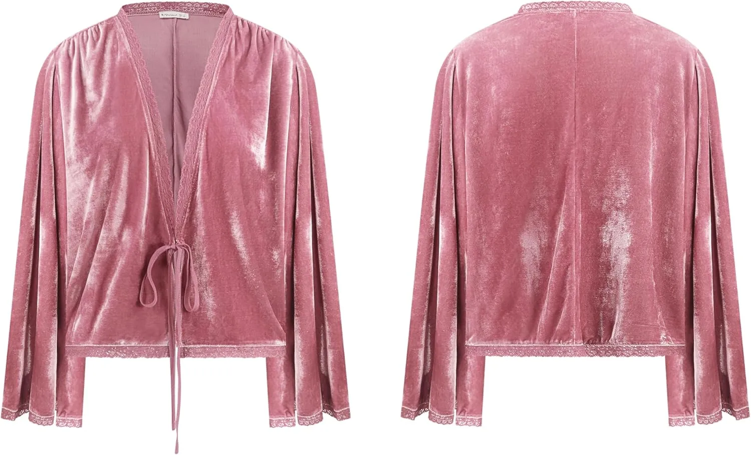 R.Vivimos Women's Fall Velvet Casual Jackets Bell Long Sleeve Tie Front Lace Trim Loose Vintage Kimono Cardigan Short Coat