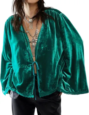R.Vivimos Women's Fall Velvet Casual Jackets Bell Long Sleeve Tie Front Lace Trim Loose Vintage Kimono Cardigan Short Coat