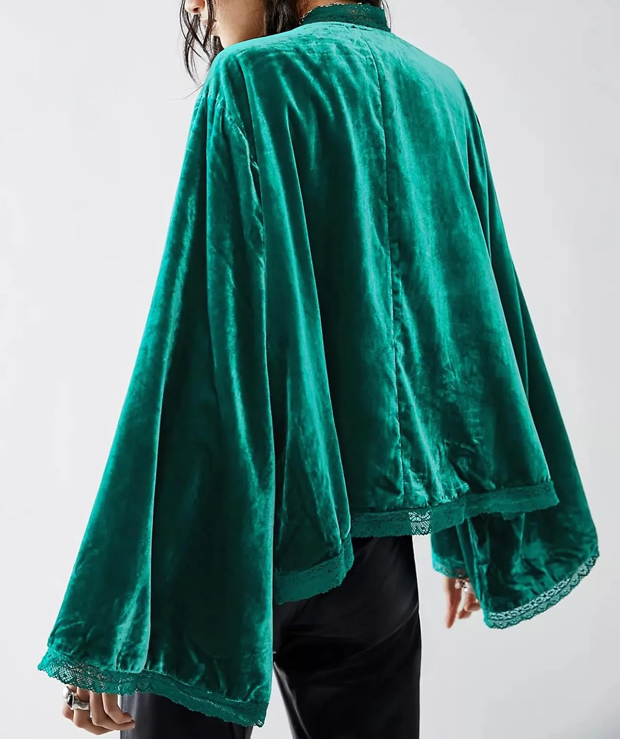 R.Vivimos Women's Fall Velvet Casual Jackets Bell Long Sleeve Tie Front Lace Trim Loose Vintage Kimono Cardigan Short Coat