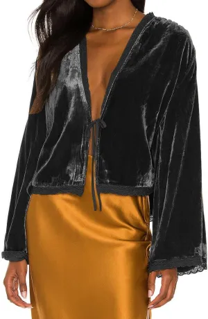 R.Vivimos Women's Fall Velvet Casual Jackets Bell Long Sleeve Tie Front Lace Trim Loose Vintage Kimono Cardigan Short Coat