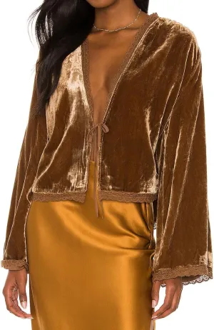 R.Vivimos Women's Fall Velvet Casual Jackets Bell Long Sleeve Tie Front Lace Trim Loose Vintage Kimono Cardigan Short Coat