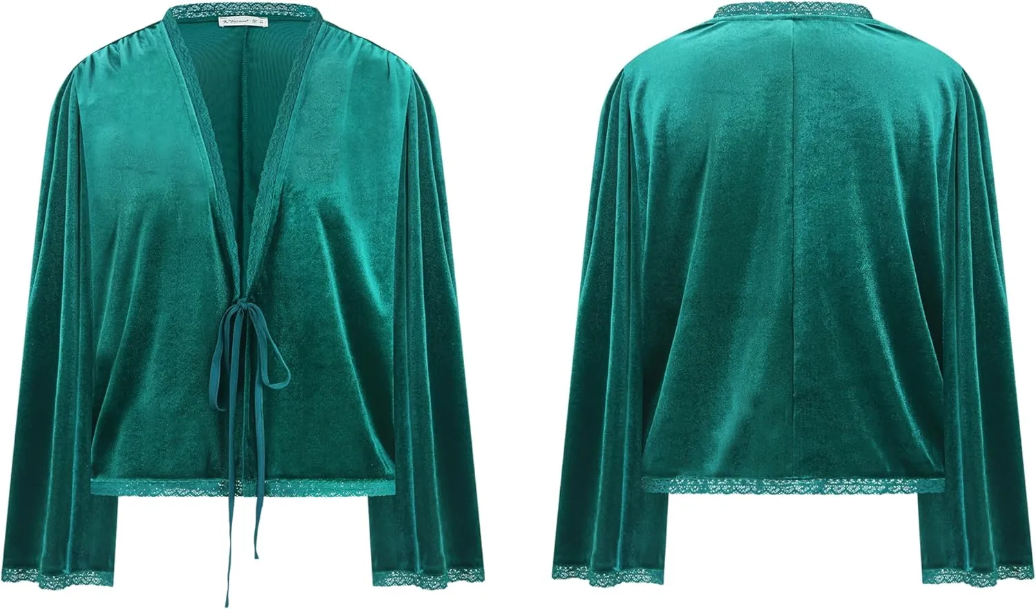 R.Vivimos Women's Fall Velvet Casual Jackets Bell Long Sleeve Tie Front Lace Trim Loose Vintage Kimono Cardigan Short Coat