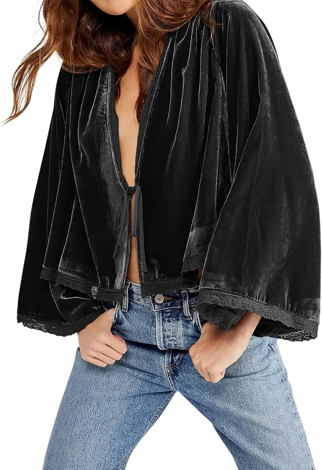 R.Vivimos Women's Fall Velvet Casual Jackets Bell Long Sleeve Tie Front Lace Trim Loose Vintage Kimono Cardigan Short Coat