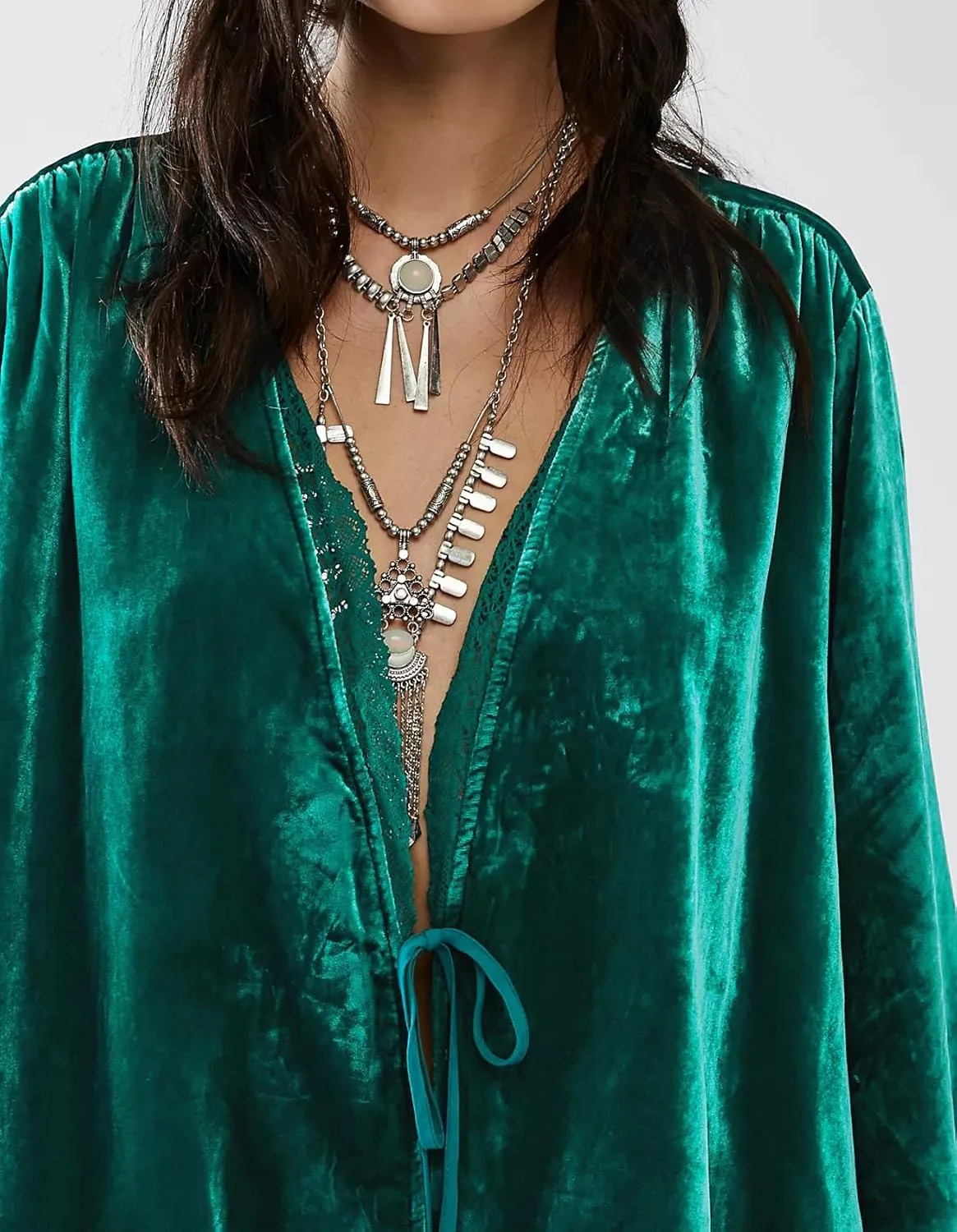 R.Vivimos Women's Fall Velvet Casual Jackets Bell Long Sleeve Tie Front Lace Trim Loose Vintage Kimono Cardigan Short Coat