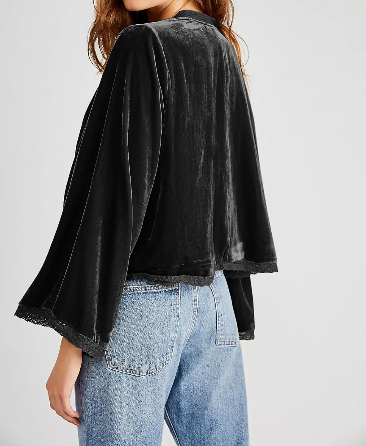 R.Vivimos Women's Fall Velvet Casual Jackets Bell Long Sleeve Tie Front Lace Trim Loose Vintage Kimono Cardigan Short Coat