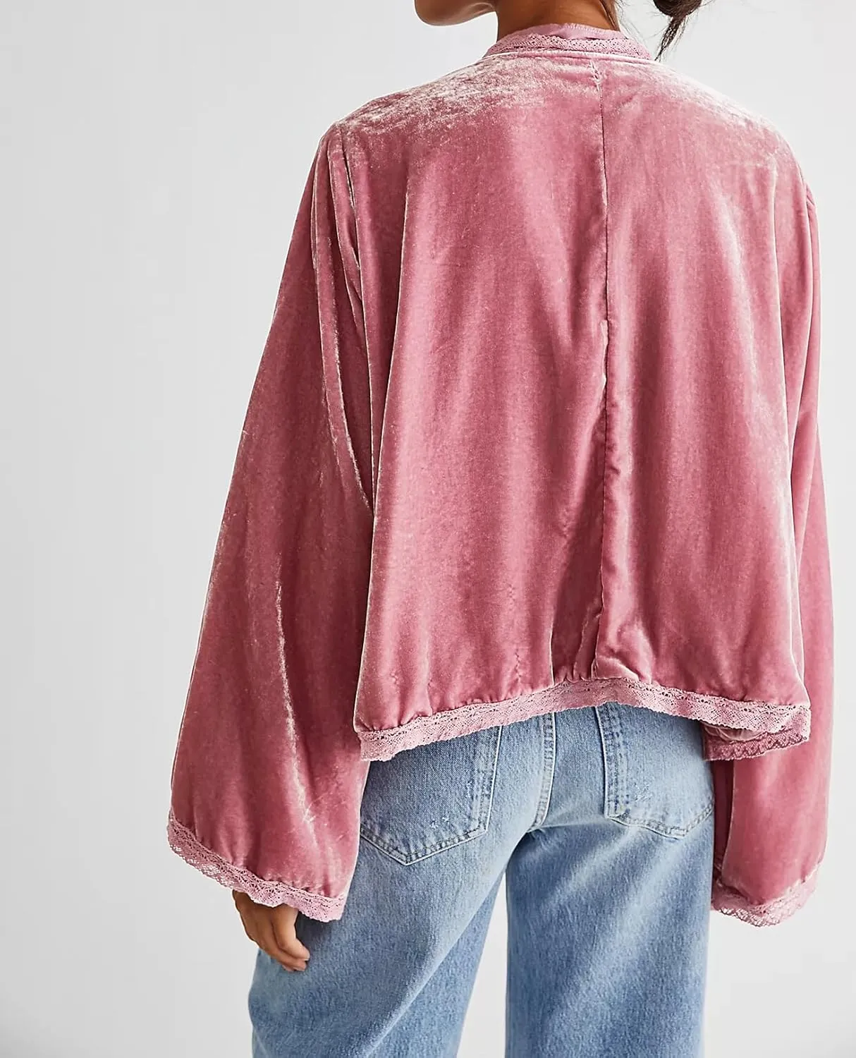 R.Vivimos Women's Fall Velvet Casual Jackets Bell Long Sleeve Tie Front Lace Trim Loose Vintage Kimono Cardigan Short Coat