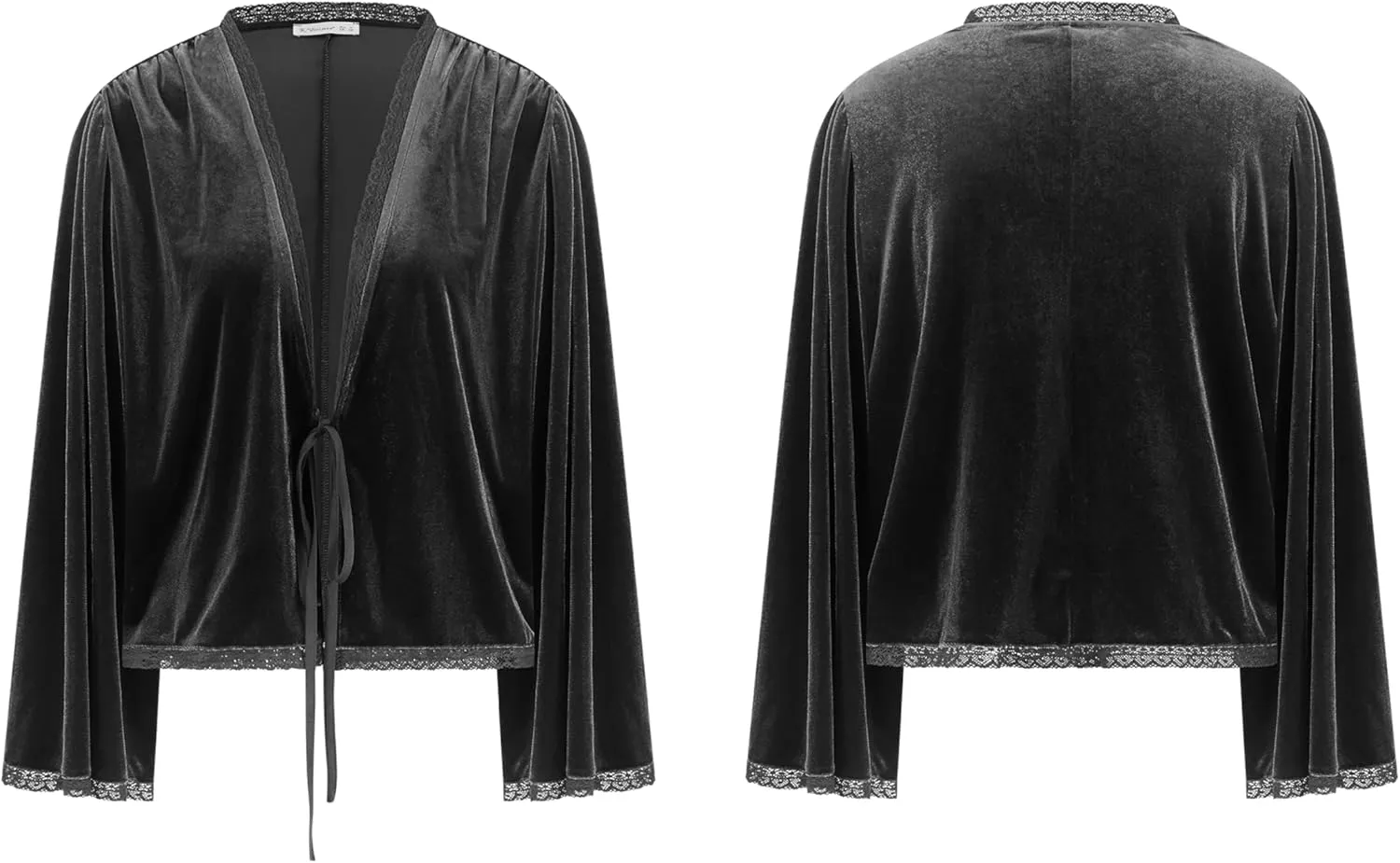 R.Vivimos Women's Fall Velvet Casual Jackets Bell Long Sleeve Tie Front Lace Trim Loose Vintage Kimono Cardigan Short Coat