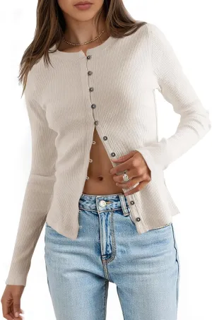 Saodimallsu Womens Lightweight Fitted Sweaters Crew Neck Long Sleeve Button Down Ribbed Knit Cardigan