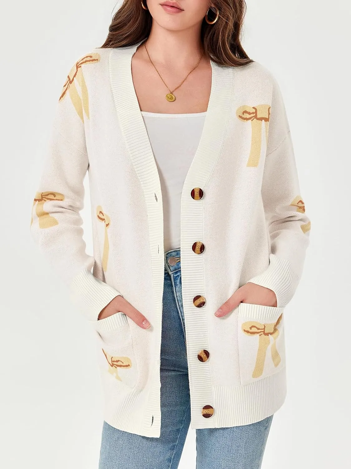 Saodimallsu Womens Oversized Cardigan Sweaters Bow Printed Button V Neck Long Sleeve Loose Knit Fall Trendy Coats