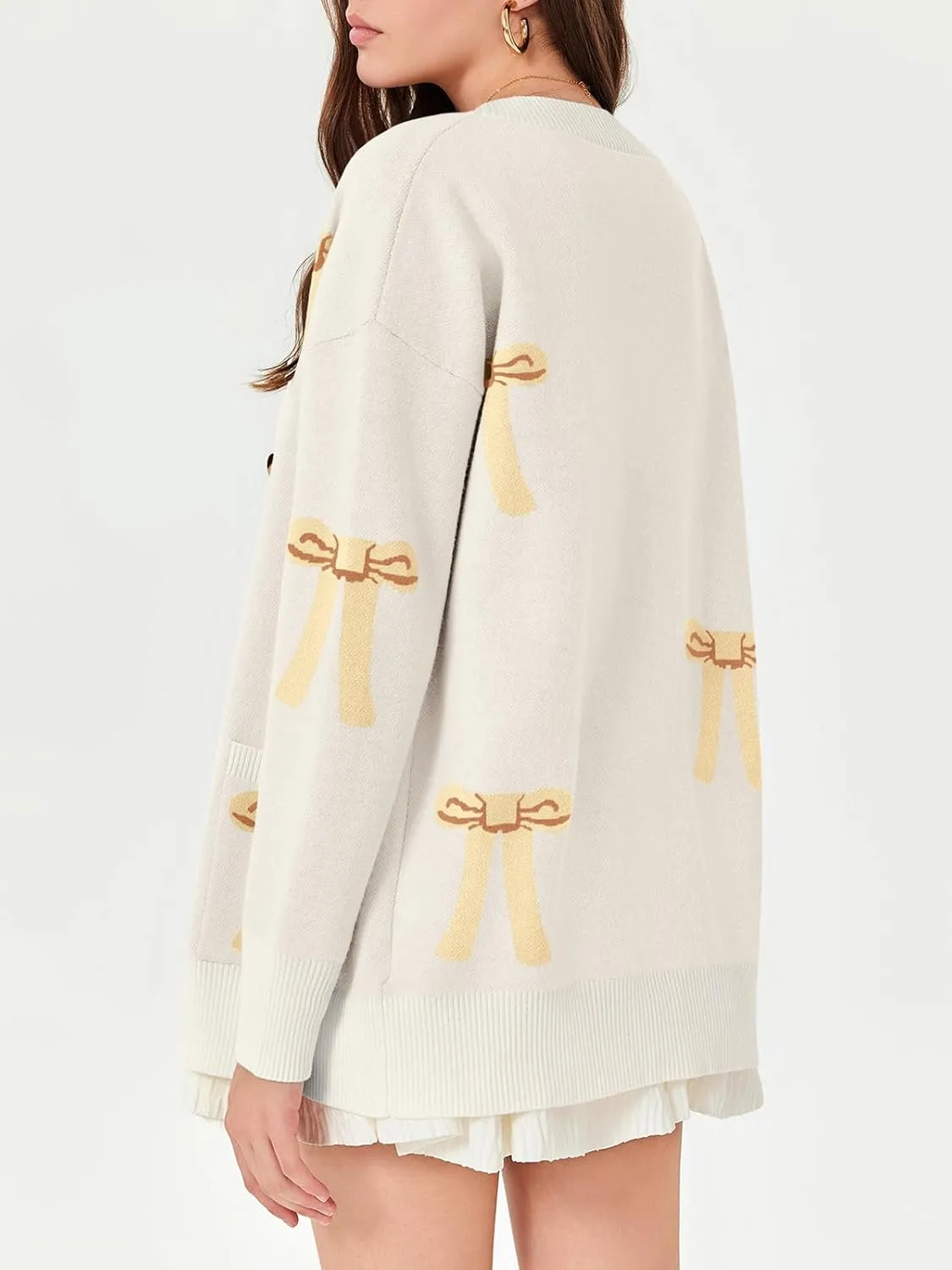 Saodimallsu Womens Oversized Cardigan Sweaters Bow Printed Button V Neck Long Sleeve Loose Knit Fall Trendy Coats