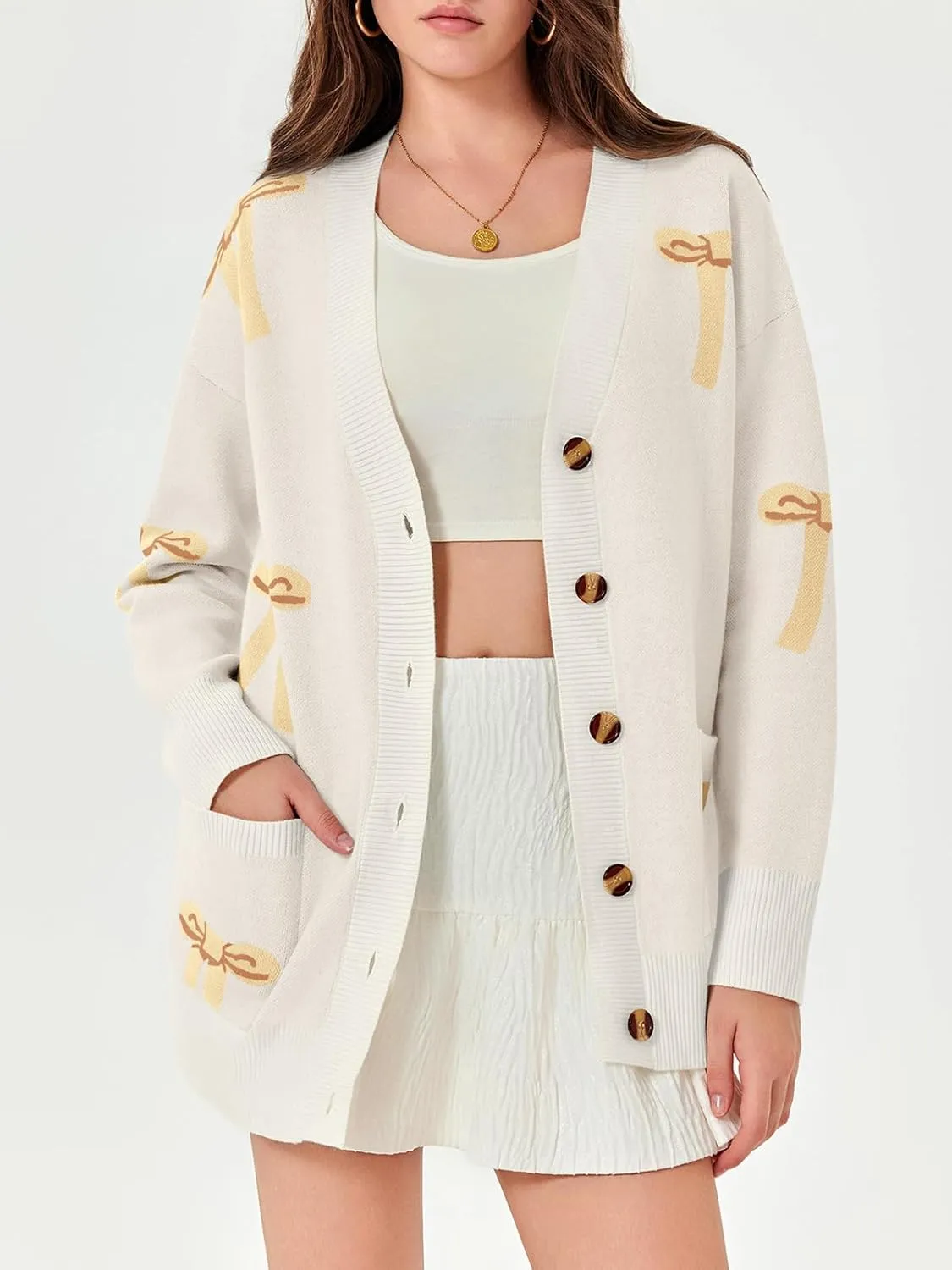 Saodimallsu Womens Oversized Cardigan Sweaters Bow Printed Button V Neck Long Sleeve Loose Knit Fall Trendy Coats