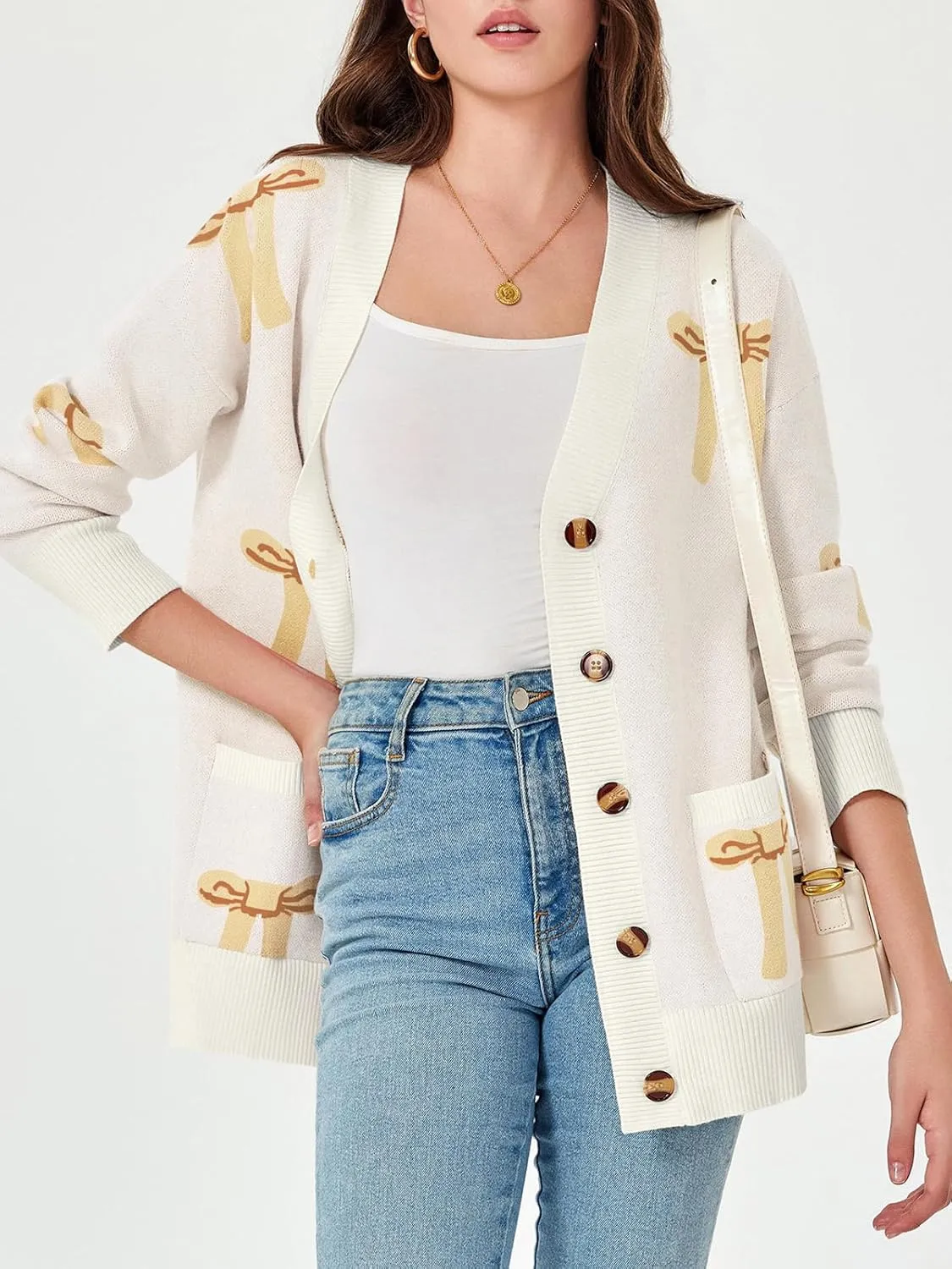Saodimallsu Womens Oversized Cardigan Sweaters Bow Printed Button V Neck Long Sleeve Loose Knit Fall Trendy Coats