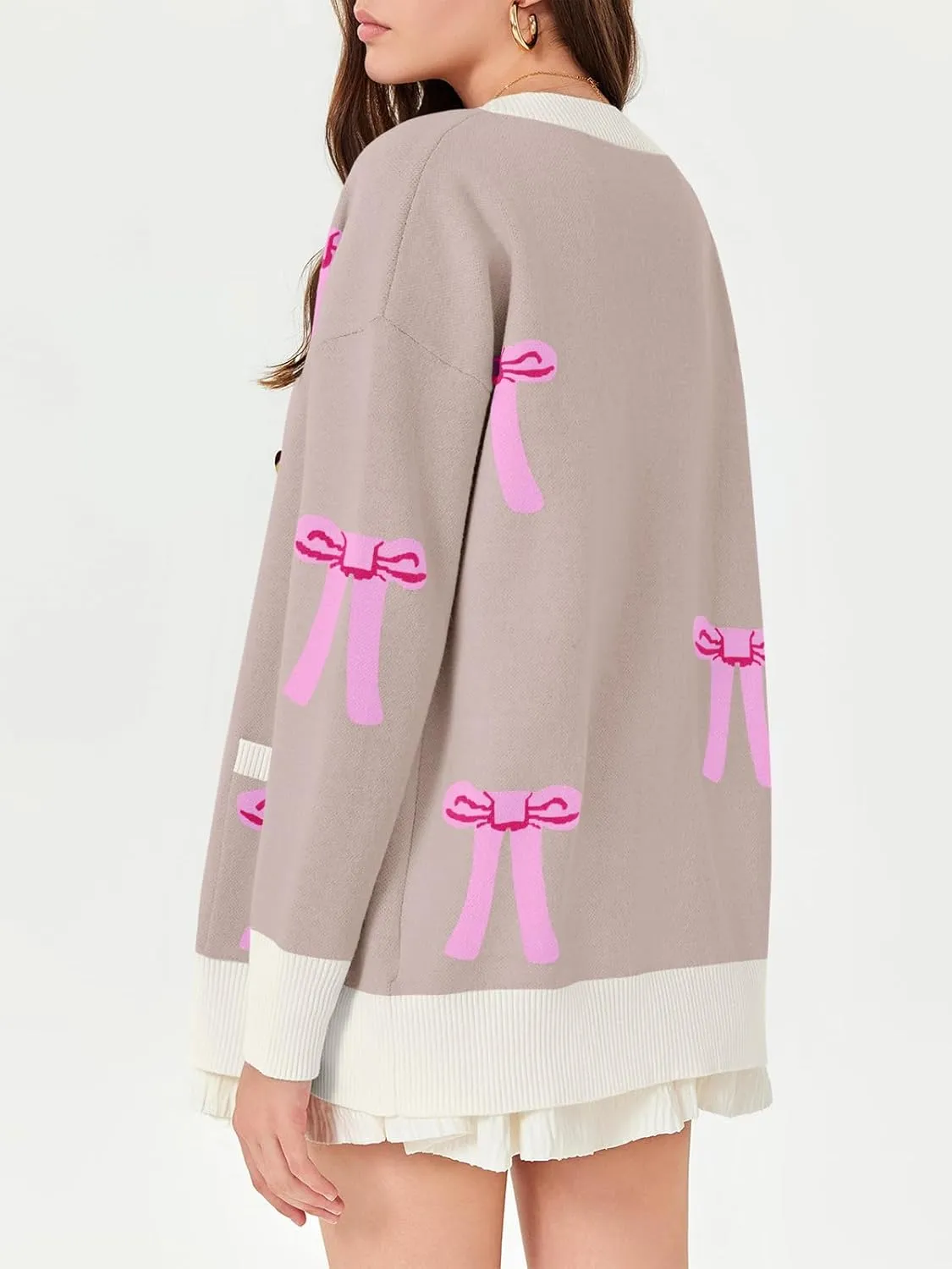 Saodimallsu Womens Oversized Cardigan Sweaters Bow Printed Button V Neck Long Sleeve Loose Knit Fall Trendy Coats