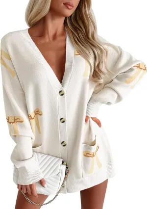 Saodimallsu Womens Oversized Cardigan Sweaters Bow Printed Button V Neck Long Sleeve Loose Knit Fall Trendy Coats