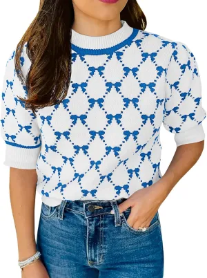 Saodimallsu Womens Puff Short Sleeve Sweater Cute Bow Knit Casual Crew Neck Loose Fit Summer Trendy Pullover Tops
