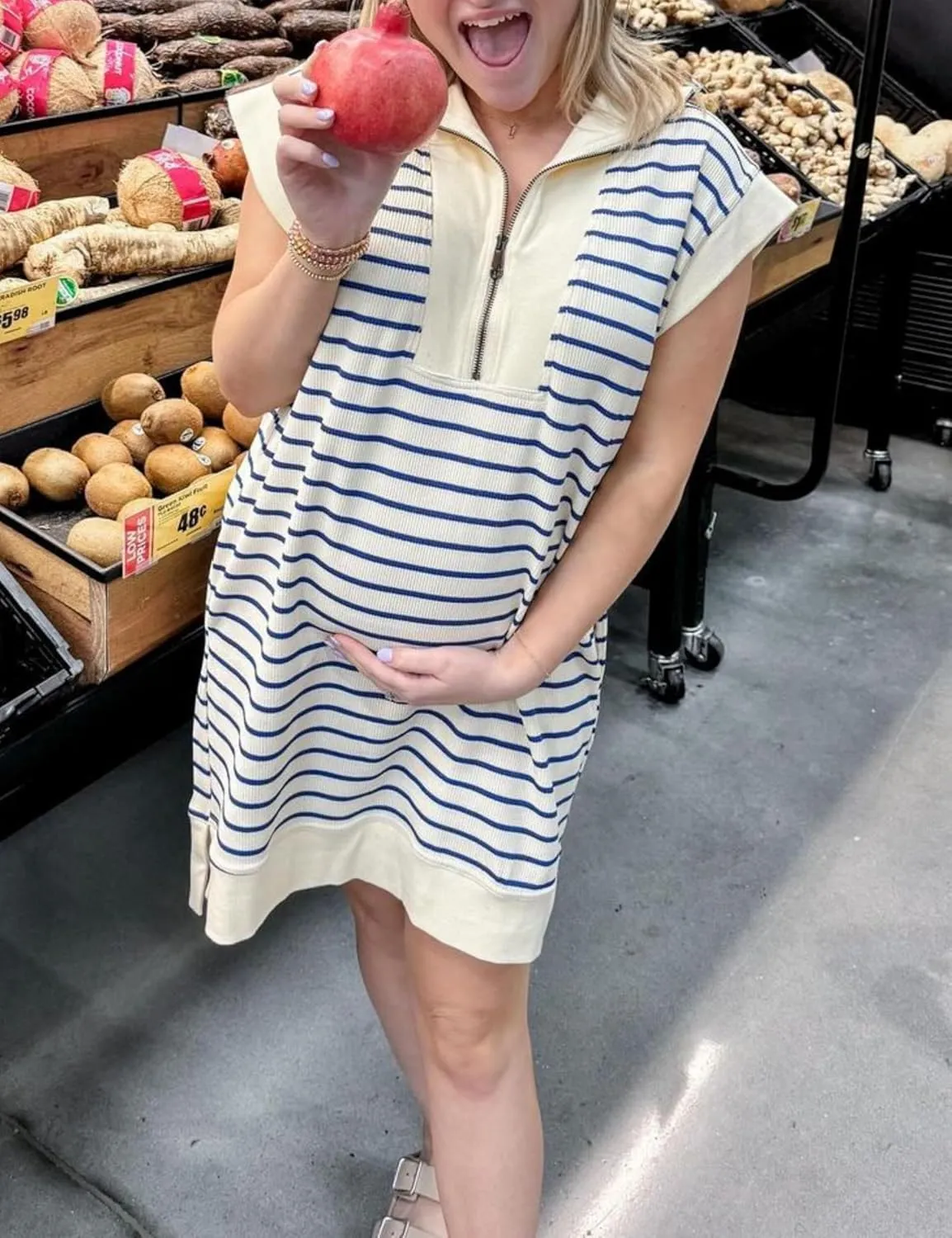 SeekMe Women's Summer Striped Sweater Dress Cap Sleeve Sweatshirt Dress Zip Knit Mini Romper with Pockets