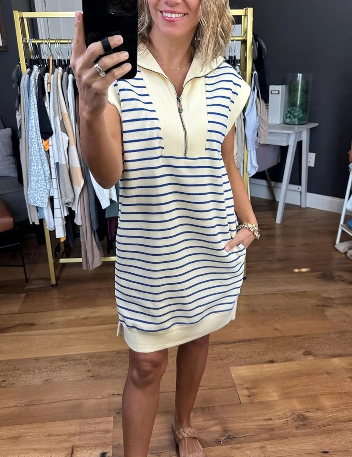 SeekMe Women's Summer Striped Sweater Dress Cap Sleeve Sweatshirt Dress Zip Knit Mini Romper with Pockets