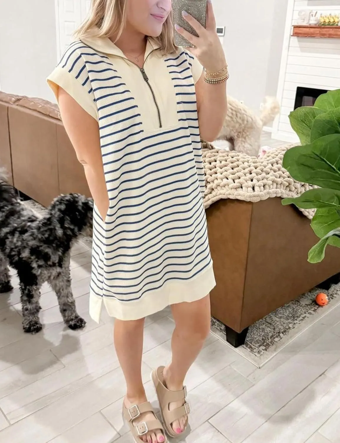 SeekMe Women's Summer Striped Sweater Dress Cap Sleeve Sweatshirt Dress Zip Knit Mini Romper with Pockets
