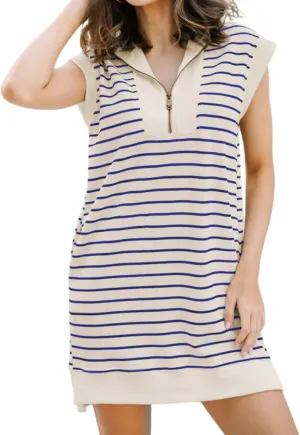 SeekMe Women's Summer Striped Sweater Dress Cap Sleeve Sweatshirt Dress Zip Knit Mini Romper with Pockets