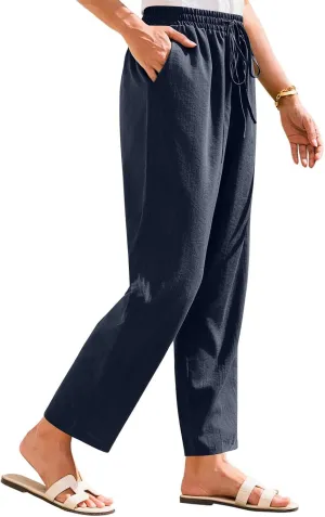 SGASY Women's Cotton Linen Straight Leg Pants Elastic Drawstring Casual Trousers with Pockets Summer Beach Lounge Trouser
