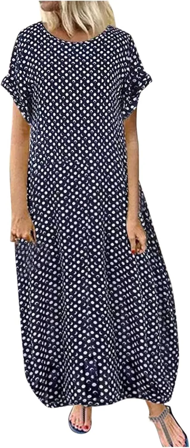 SHAOBGE Cocktail Dress for Women Trendy 2024 Round Casual Polka Neck Sleeve Print Maxi Women Short Dress Summer