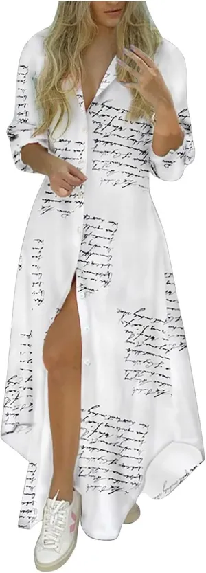 Shirt Dresses for Women,2024 Summer Casual Button V Neck Maxi Dress,Long Sleeve Print Irregular Slit Hem Beach Dress